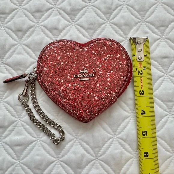 Coach Red Sparkle Glitter Leather Heart Coin Purse Bag Charm Mini Wallet - Picture 4 of 11